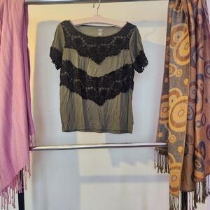 a.n.a Olive and Black Lace Short Sleeve Top